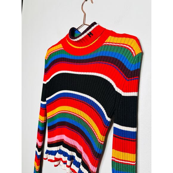 MSGM Rainbow Multicolored Striped Knit Ruffle Bell Sleeve Turtleneck Sweater XS - Picture 11 of 16
